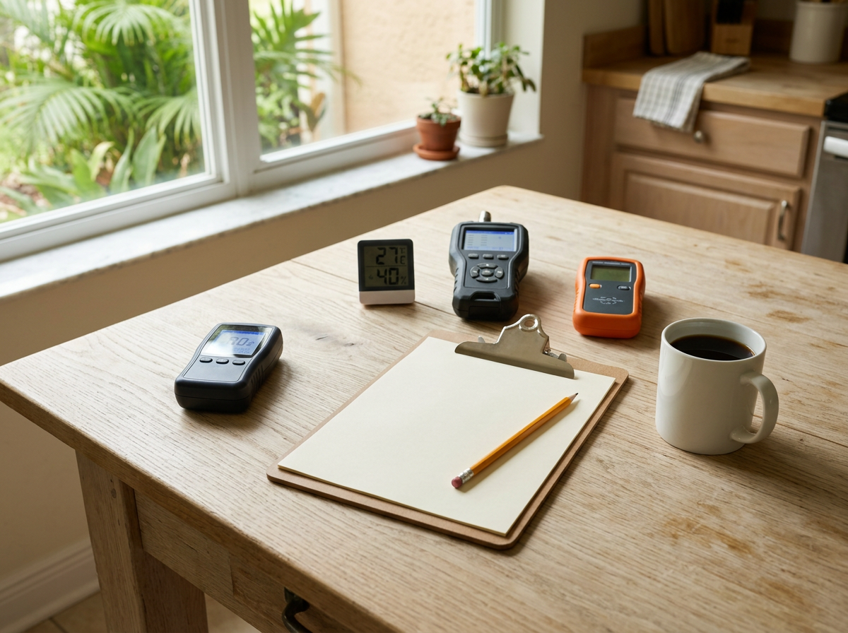 Handheld air meters, a thermo-hygrometer and a clipboard on a kitchen table