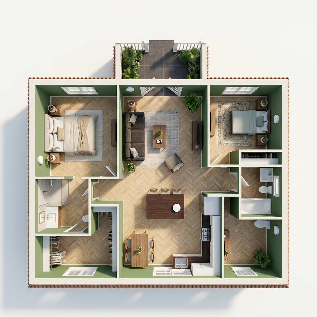 Top-down illustration of a single-storey home floor plan with green walls