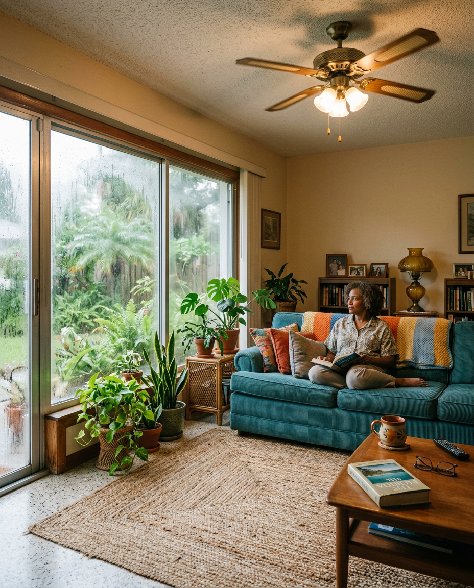 Living room with a sliding window beaded with condensation and a person reading on a sofa