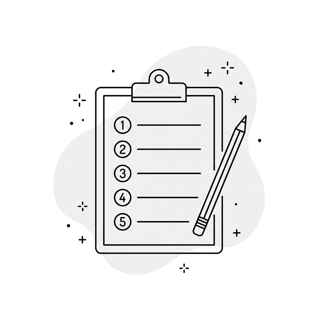Line drawing of a clipboard with a ranked checklist and a pencil