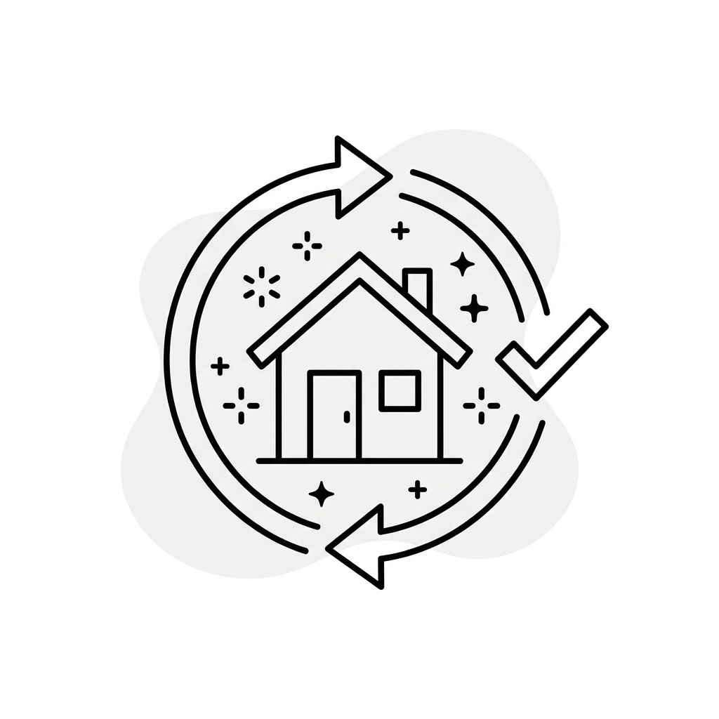 Line drawing of a house inside a circular arrow with a check mark