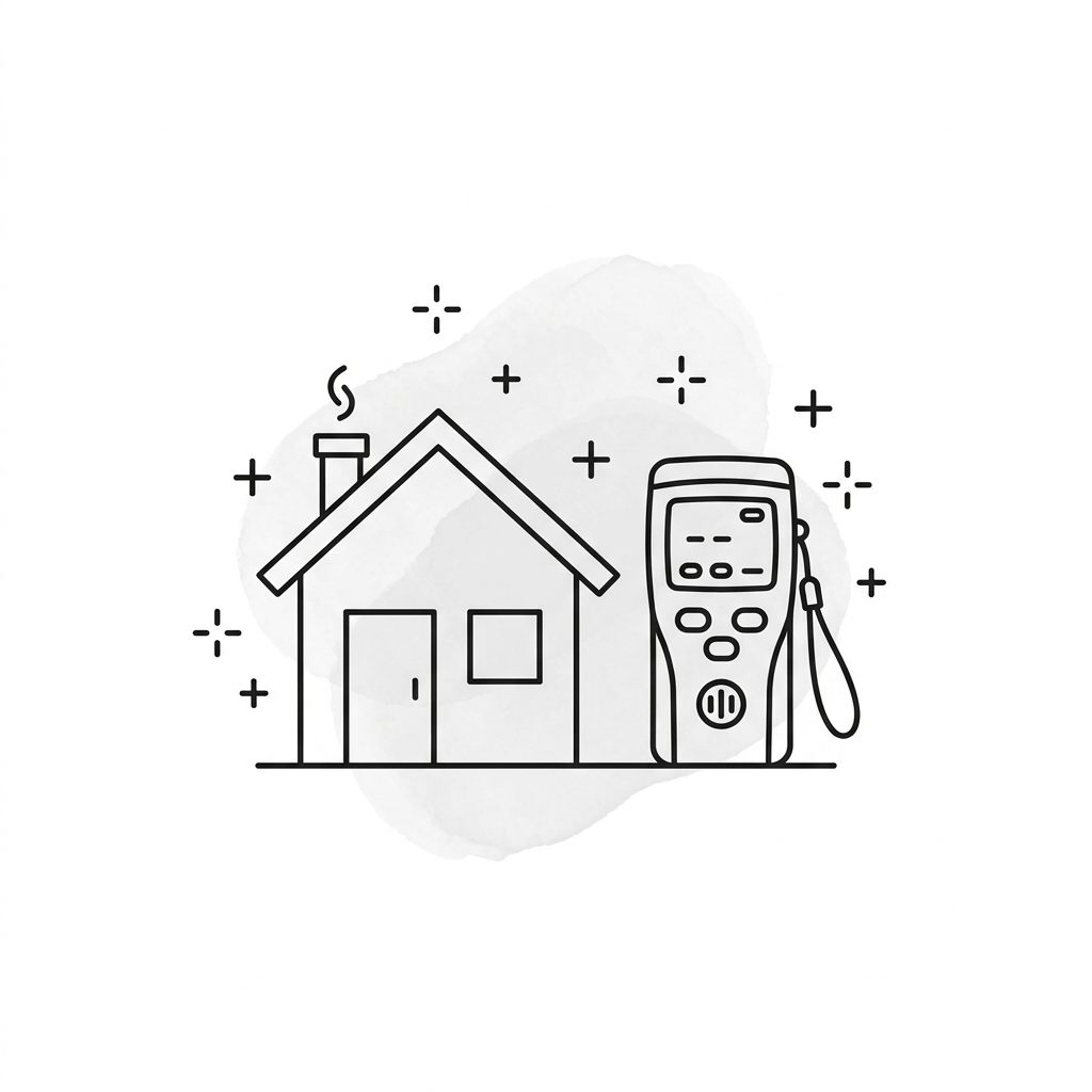 Line drawing of a house beside a handheld meter